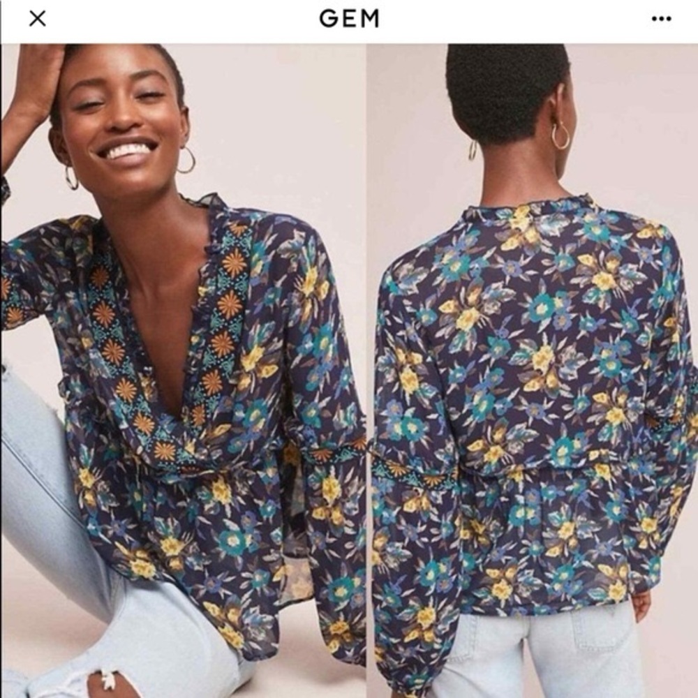 Meadow Rue by Anthropologie Floral V-Neck Blouse - Blue and Yellow print